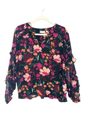Wonderly Black Floral Ruffle Long-Sleeve Blouse – Size XL